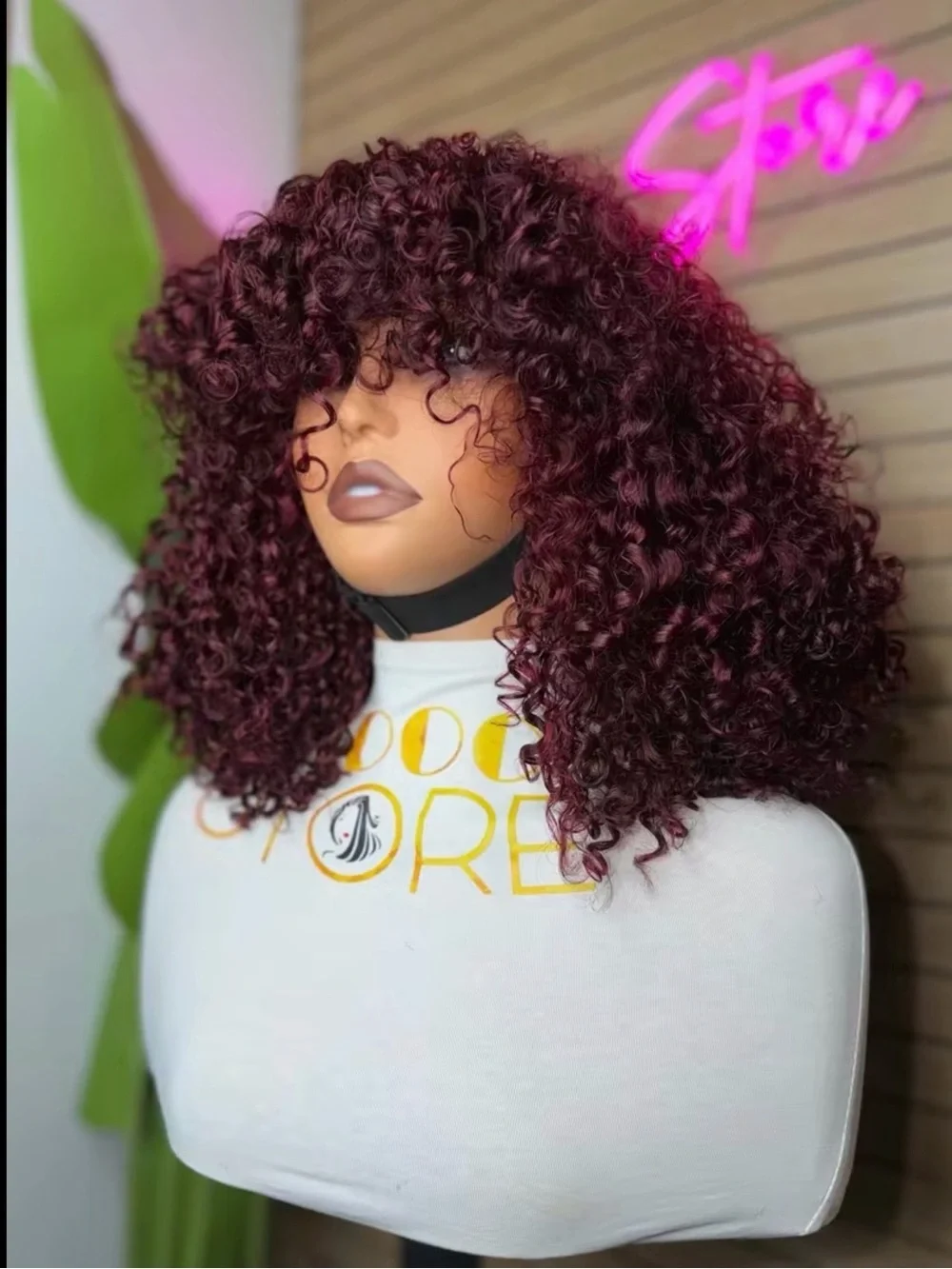 Voluminous Burgundy Curly Wig with Full Fringe - Women's Synthetic Hair